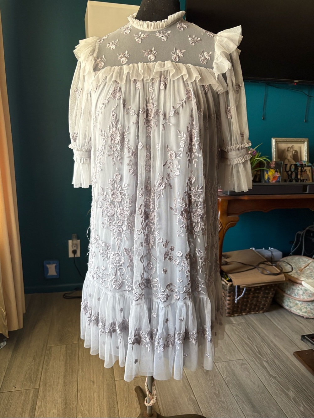 Needle & thread Ivory Lace Embroidered Ruffle Midi Dress